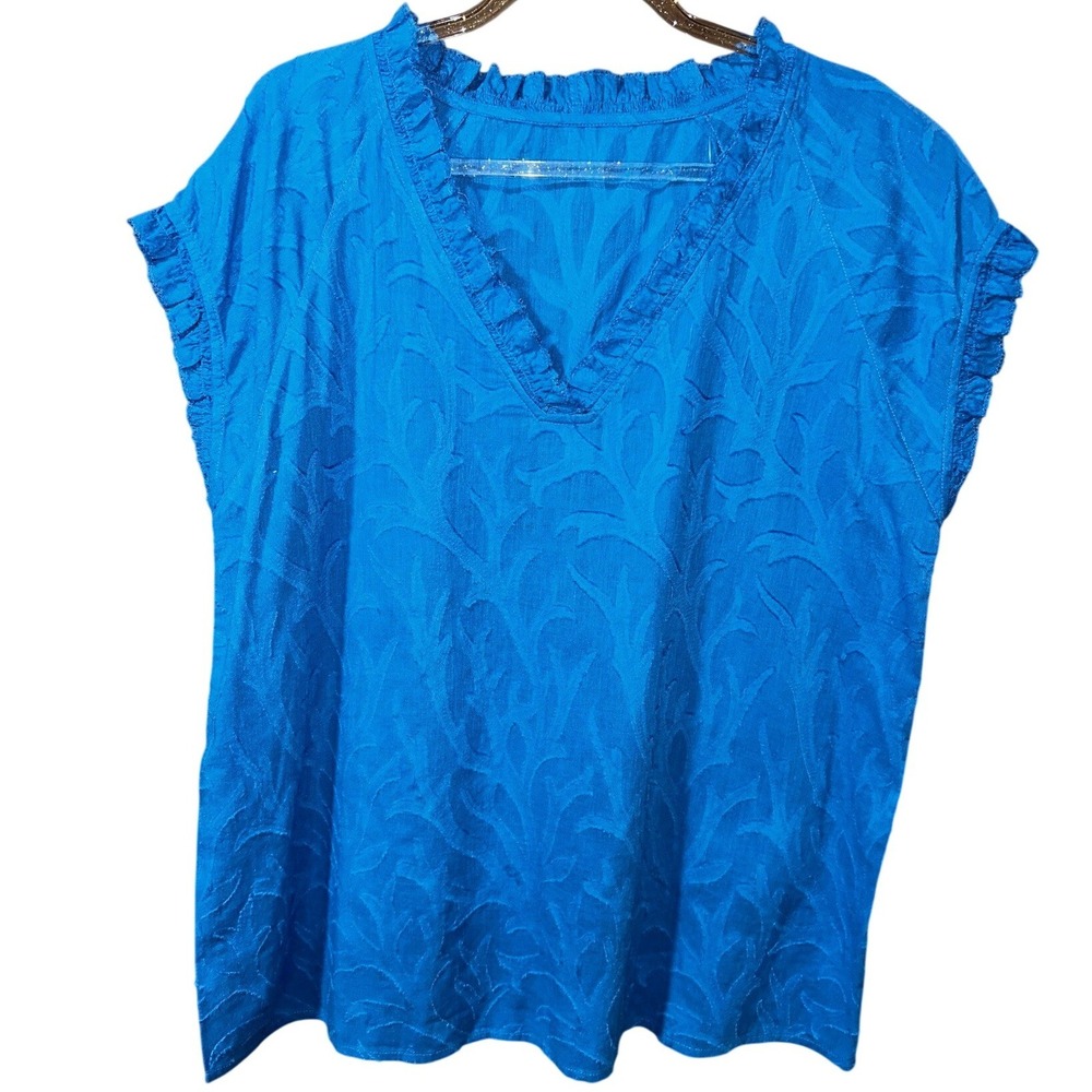 J.Jill‎ Womens V Neck Top Blue Small Jacquard Leaf Ruffle Cap Sleeve Blouse